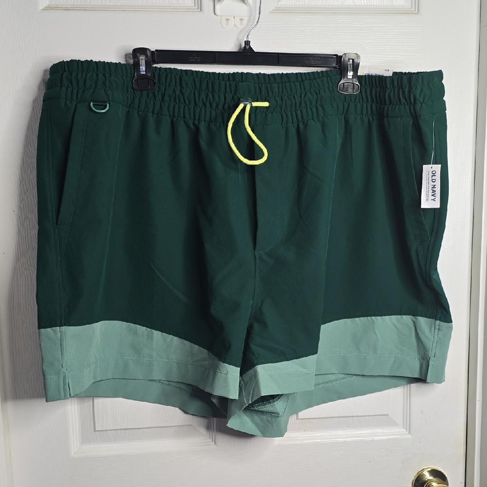 Old Navy Men’s Forest Green Athletic Shorts with Light Green Hem & Neon Drawcord